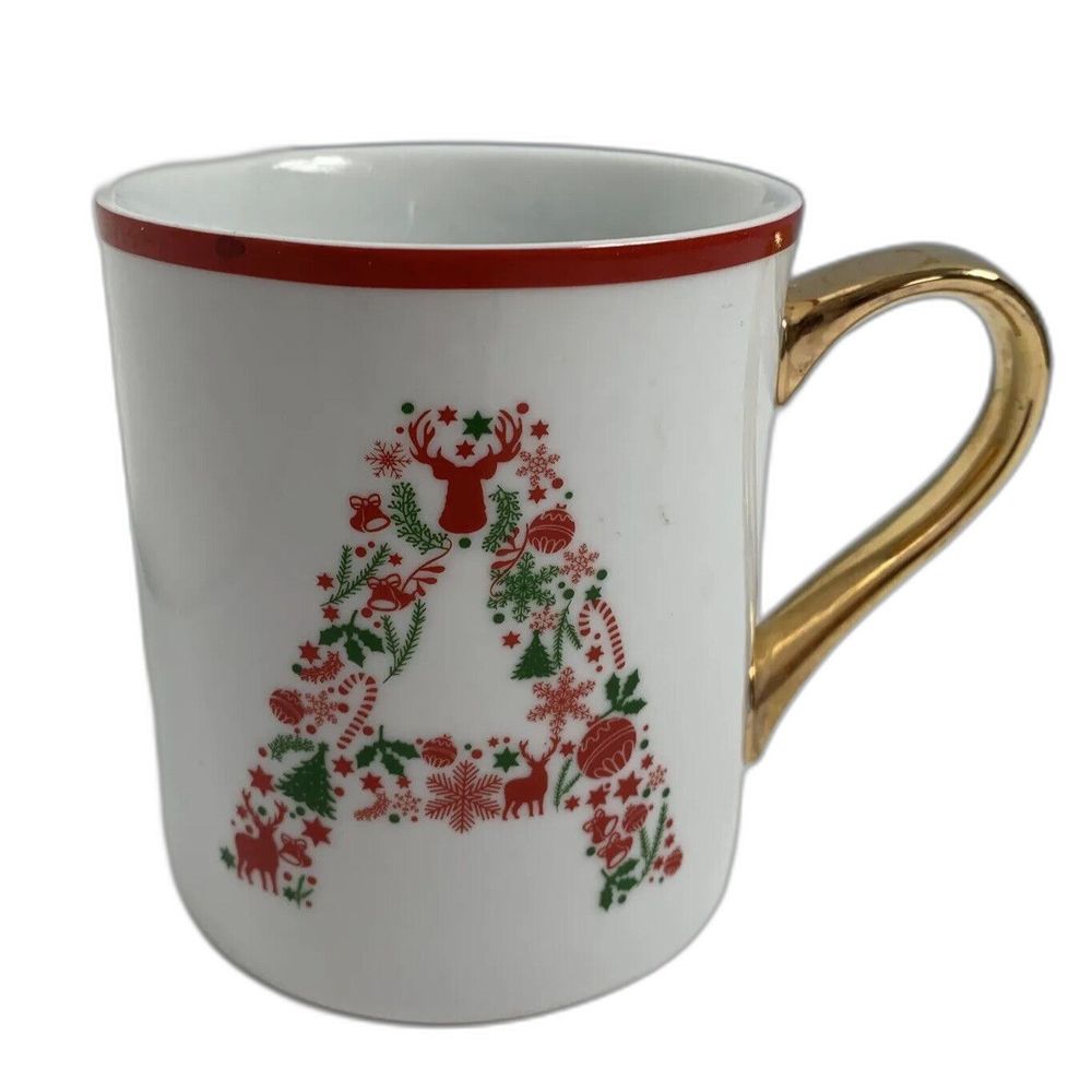 CIROA WITH LOVE Christmas Mug Monogram Initial A Cup Porcelain Gold Handle 12 oz